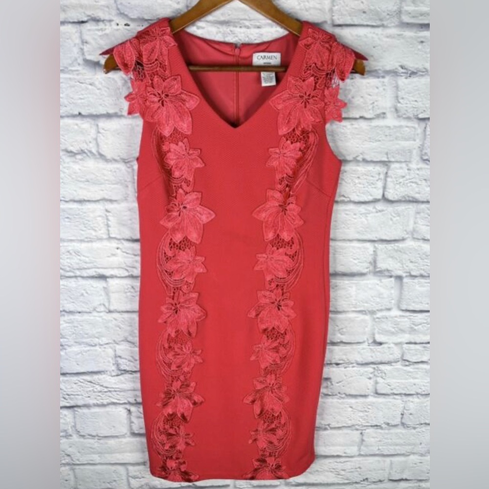 Carmen Marc Valvo Orange Lace Applique Cap Sleeve Sheath Work Party Dress